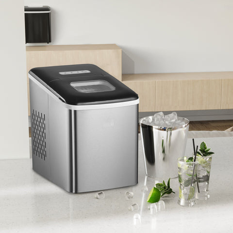 HOMCOM silver and black stainless steel ice maker with bullet shaped ice cubes making 9 cubes per 8 minutes on countertop