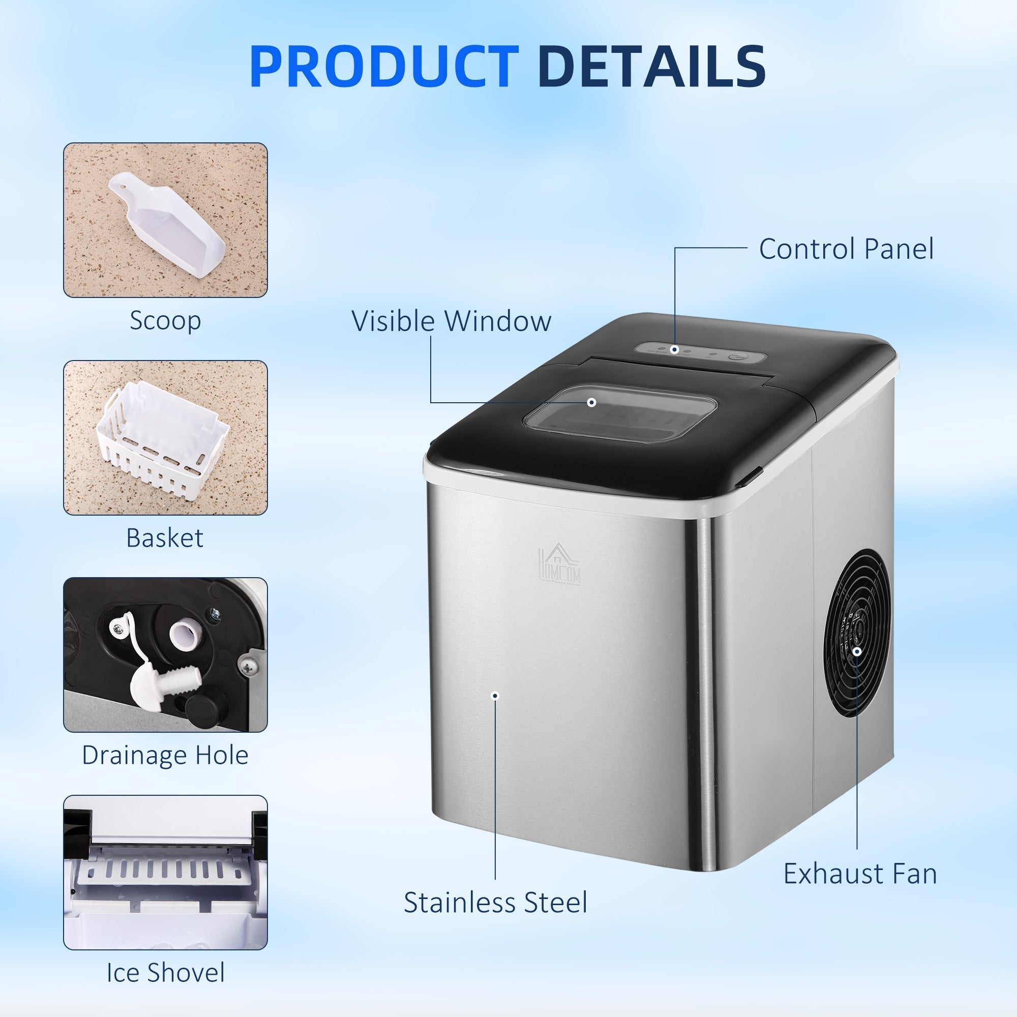 HOMCOM stainless steel countertop ice maker with black panel and window makes bullet shaped ice cubes fast
