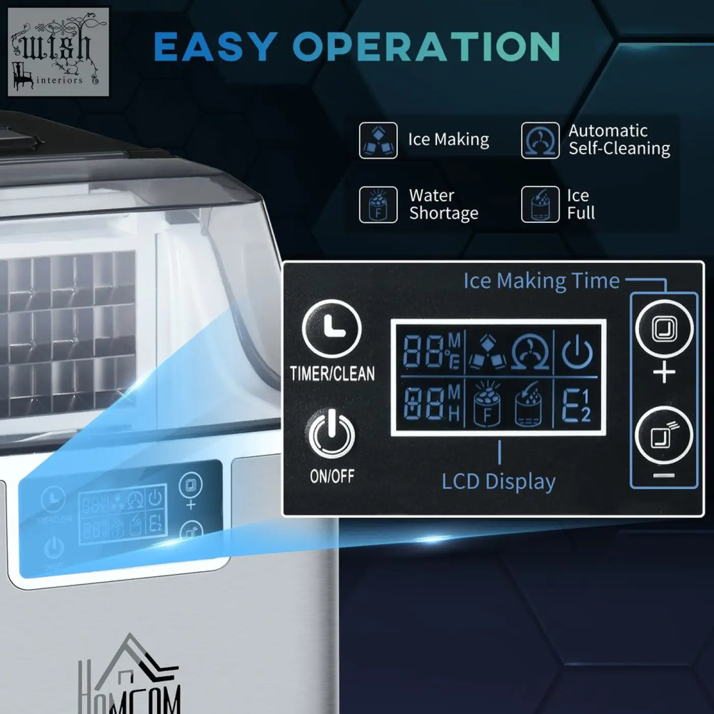 Homcom ice maker machine stainless steel countertop with digital lcd showing time settings and self-clean alerts