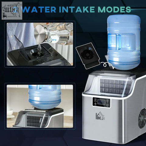 Silver stainless steel homcom ice maker machine with digital display and 2 water intake modes for countertop use