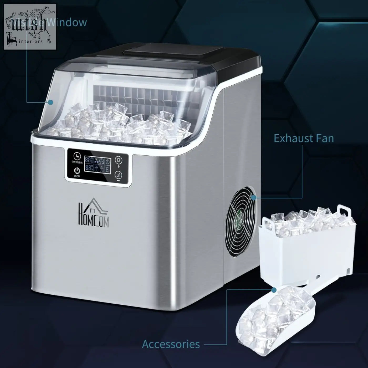 Silver stainless steel homcom ice maker machine with transparent window and digital control panel for countertop use
