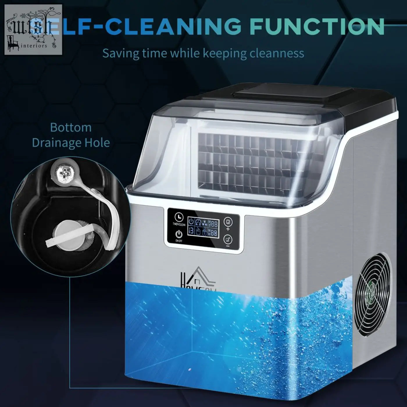 Silver and black stainless steel homcom ice maker machine with digital display and transparent lid showing interior grid and blue water base