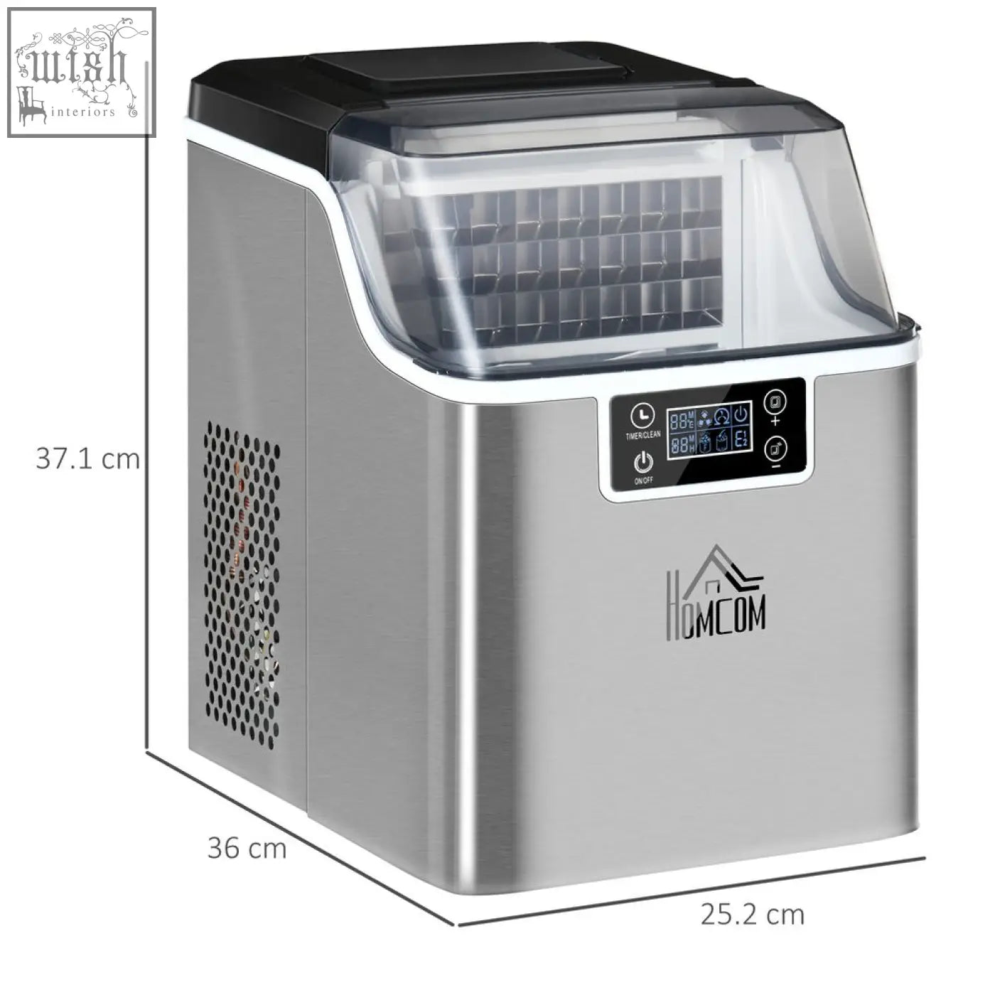 Stainless steel homcom ice maker machine with black accents and digital display for home and office use