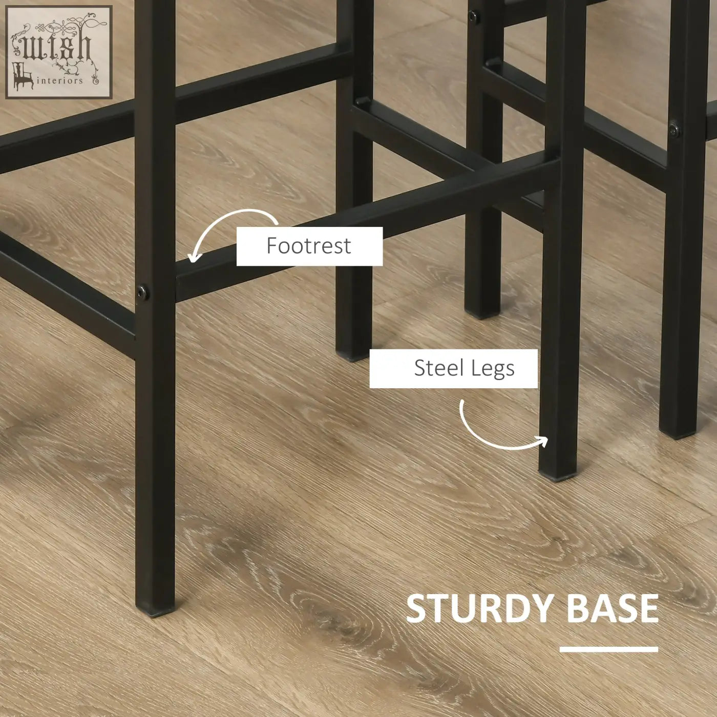 Black steel barstool with sturdy base and footrest featuring rustic brown particle board seats for kitchen or home pub use