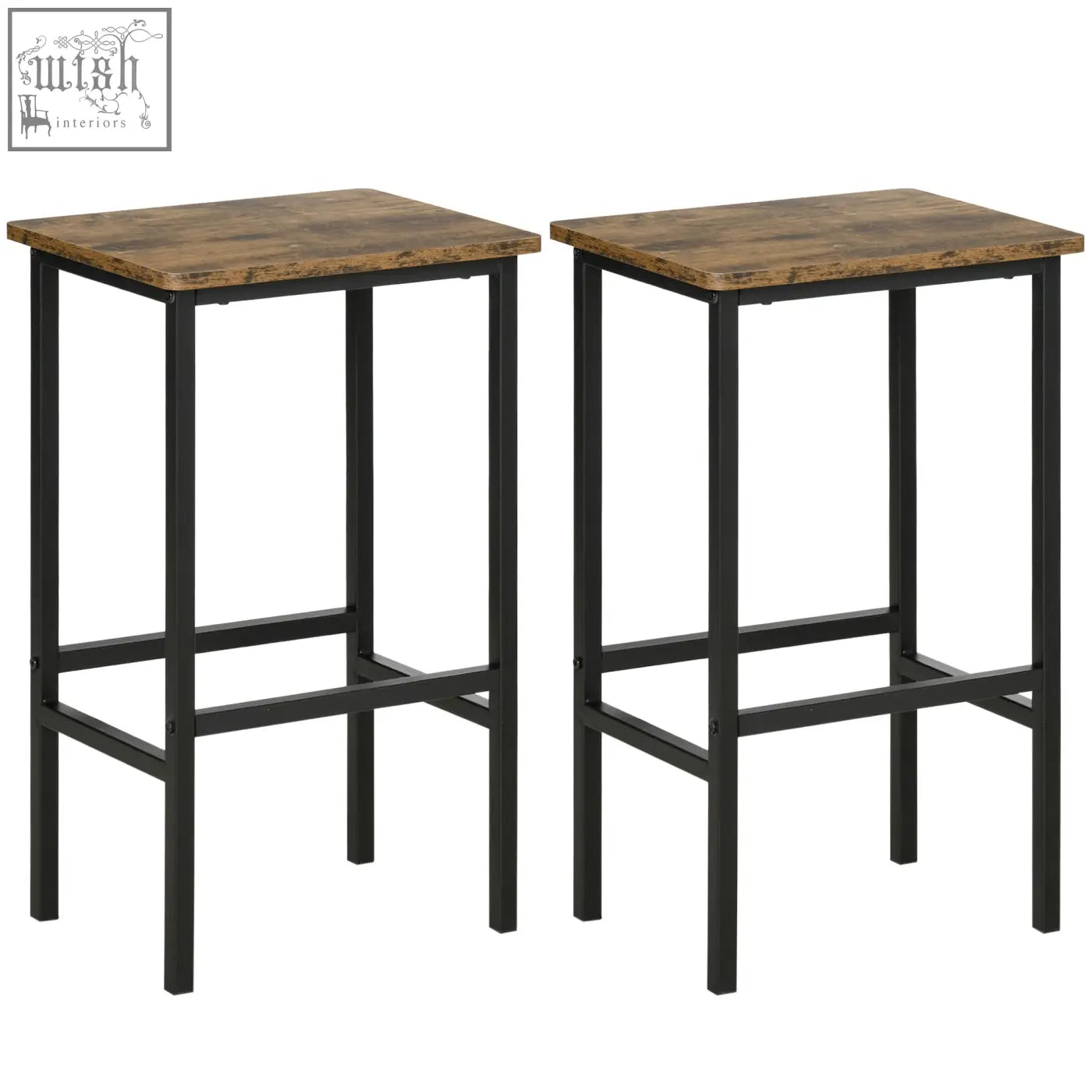 Two homcom industrial bar stools with rustic brown particle board seats and black metal frame for kitchen or pub use