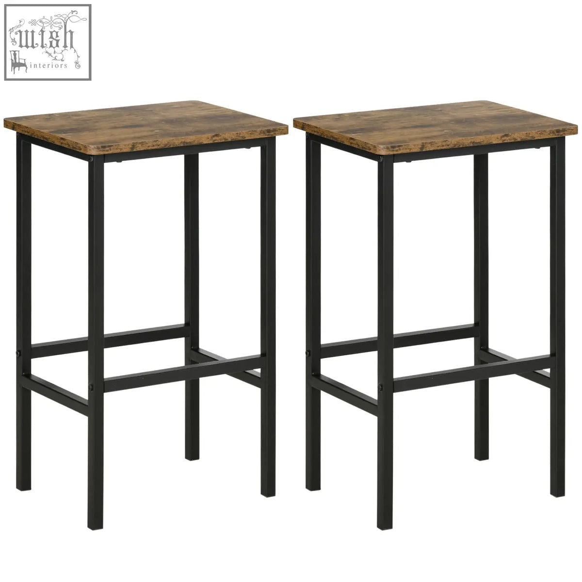 Two homcom industrial bar stools with rustic brown particle board seats and black metal frame for kitchen or pub use