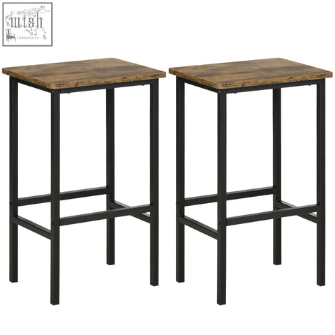 Two homcom industrial bar stools with rustic brown particle board seats and black metal frame for kitchen or pub use