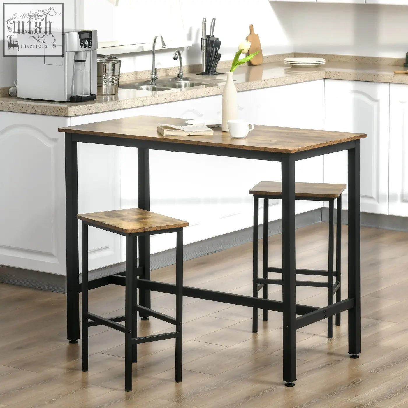 Black metal frame bar table with rustic brown particle board top and matching stools featuring particle board seats