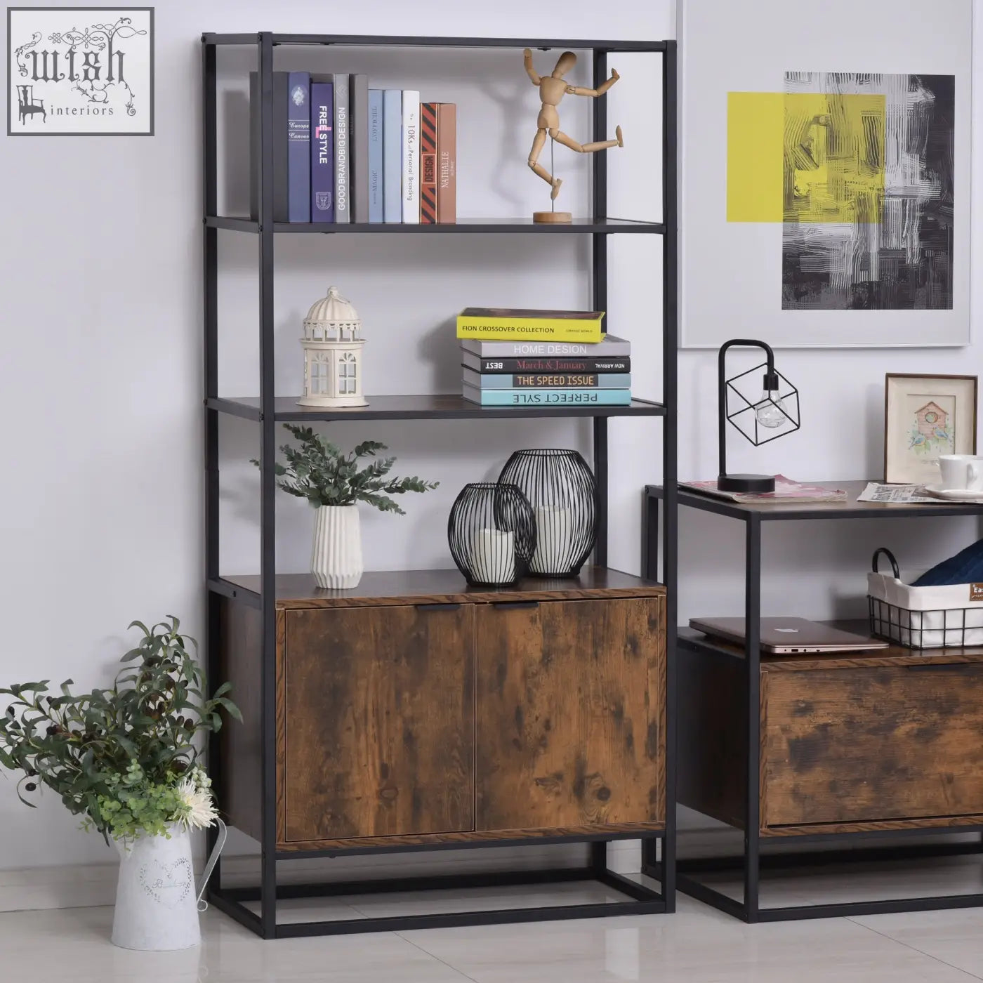 Homcom industrial bookshelf with black metal frame, rustic brown particle board cabinet doors, open shelves, and concealed storage