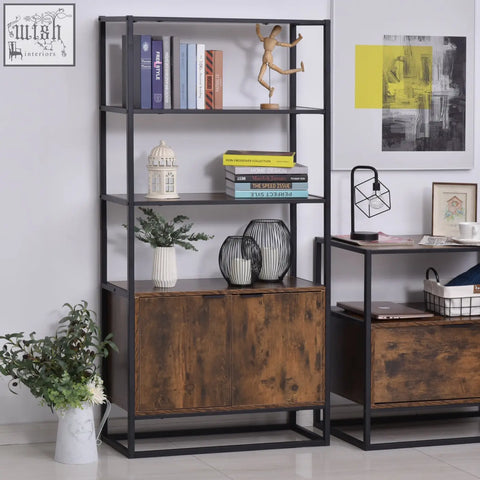 Homcom industrial bookshelf with black metal frame, rustic brown particle board cabinet doors, open shelves, and concealed storage
