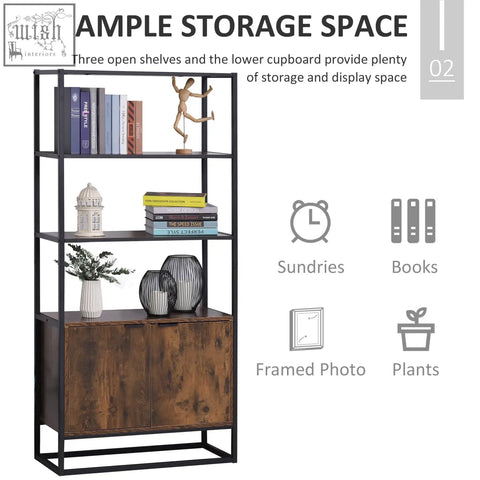 Homcom industrial bookshelf with black metal frame, rustic brown particle board, 3 open shelves, and concealed storage cabinet