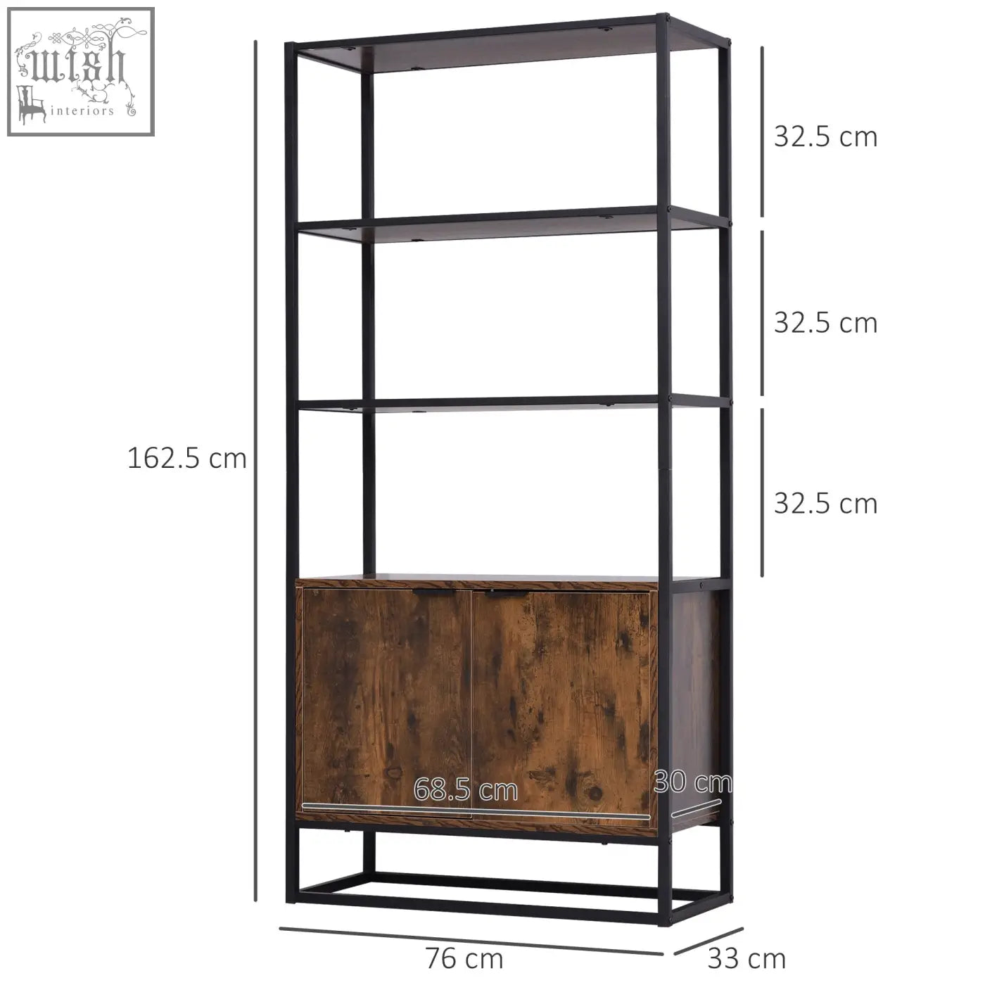 Homcom industrial bookshelf with black metal frame, distressed brown particle board doors, open shelves, and concealed storage
