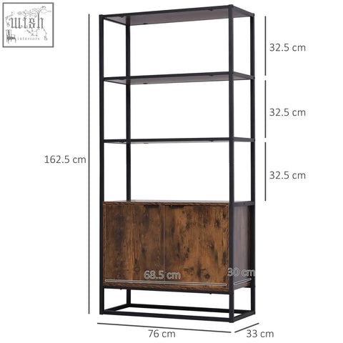 Homcom industrial bookshelf with black metal frame, distressed brown particle board doors, open shelves, and concealed storage