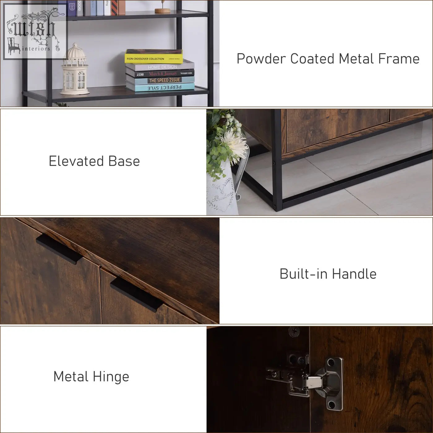Dark wood particle board HOMCOM industrial bookshelf with black powder coated metal frame and built-in handles for open shelves and concealed storage