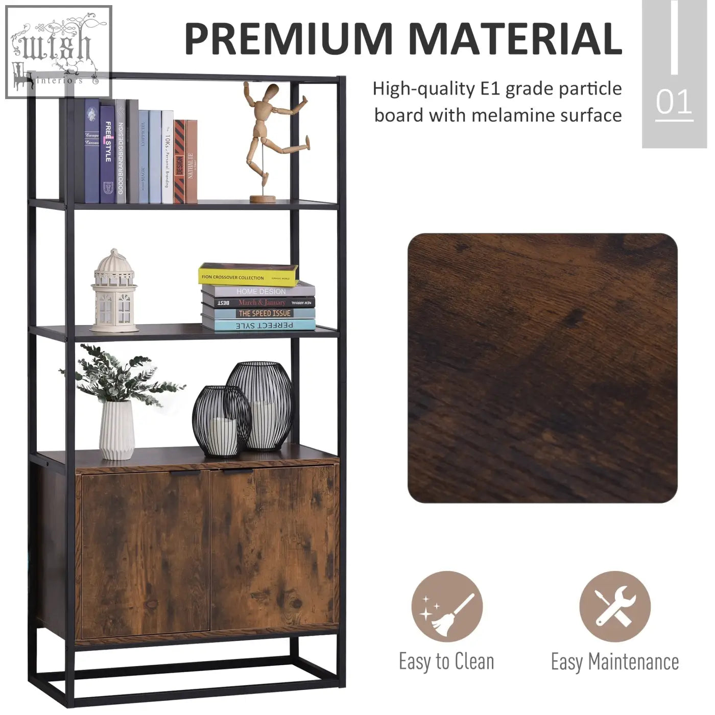 Dark brown rustic industrial bookshelf with black metal frame and particle board open shelves for living room storage