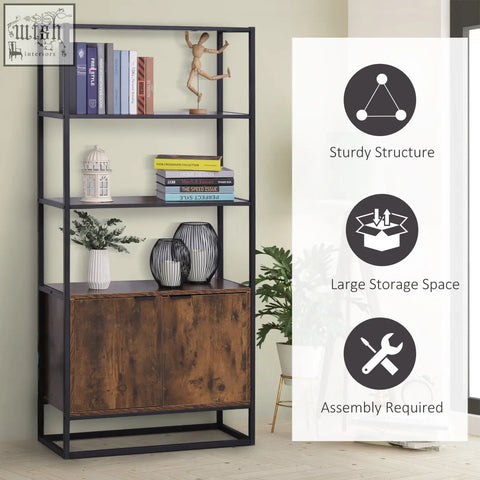 Homcom industrial bookshelf with black metal frame, rustic brown particle board cabinet doors, open shelves, and concealed storage