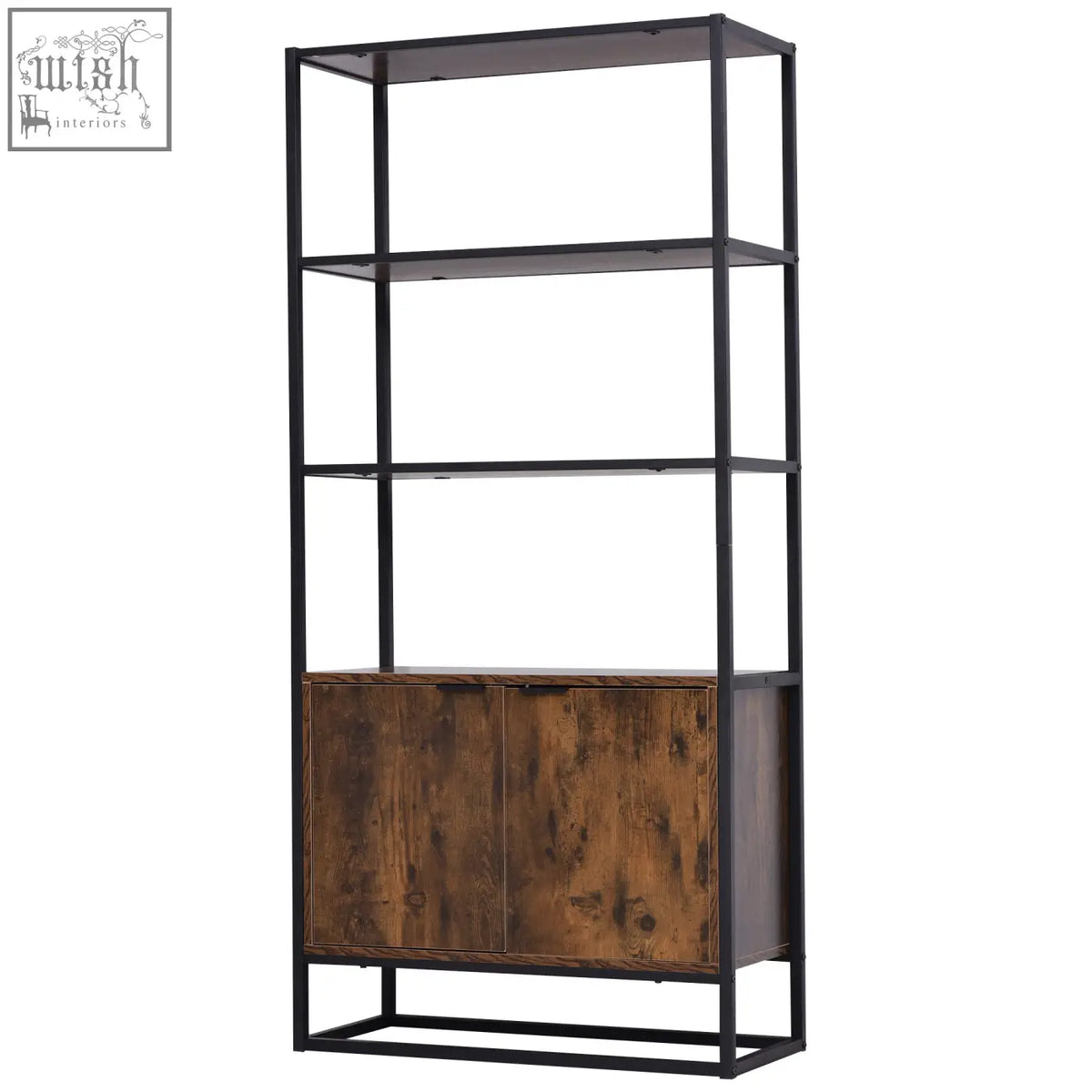 Homcom industrial bookshelf with black metal frame, rustic brown particle board doors, open shelves, and concealed storage