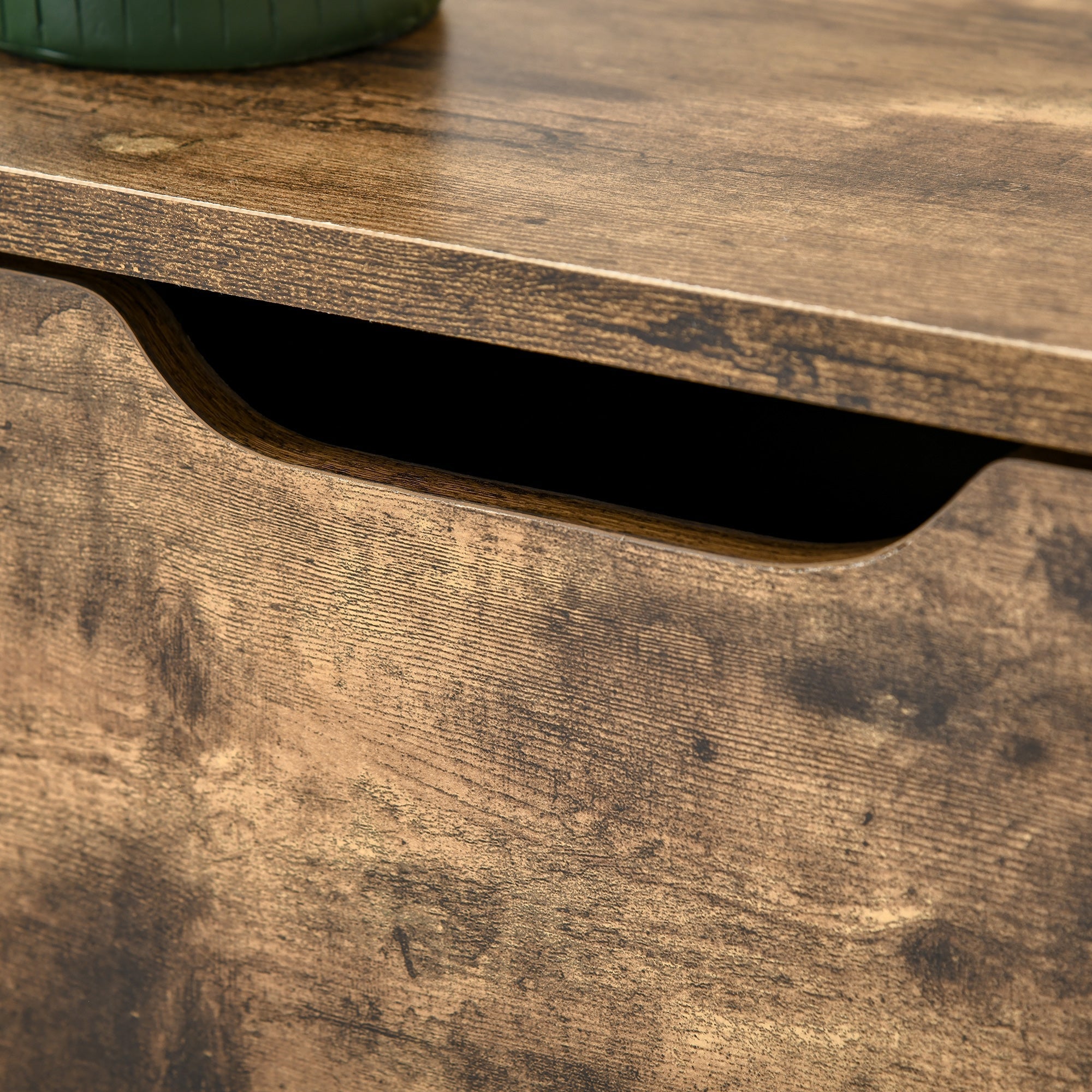 Rustic brown shoe cabinet with 2 flip drawers made of particle board featuring curved handle and distressed finish