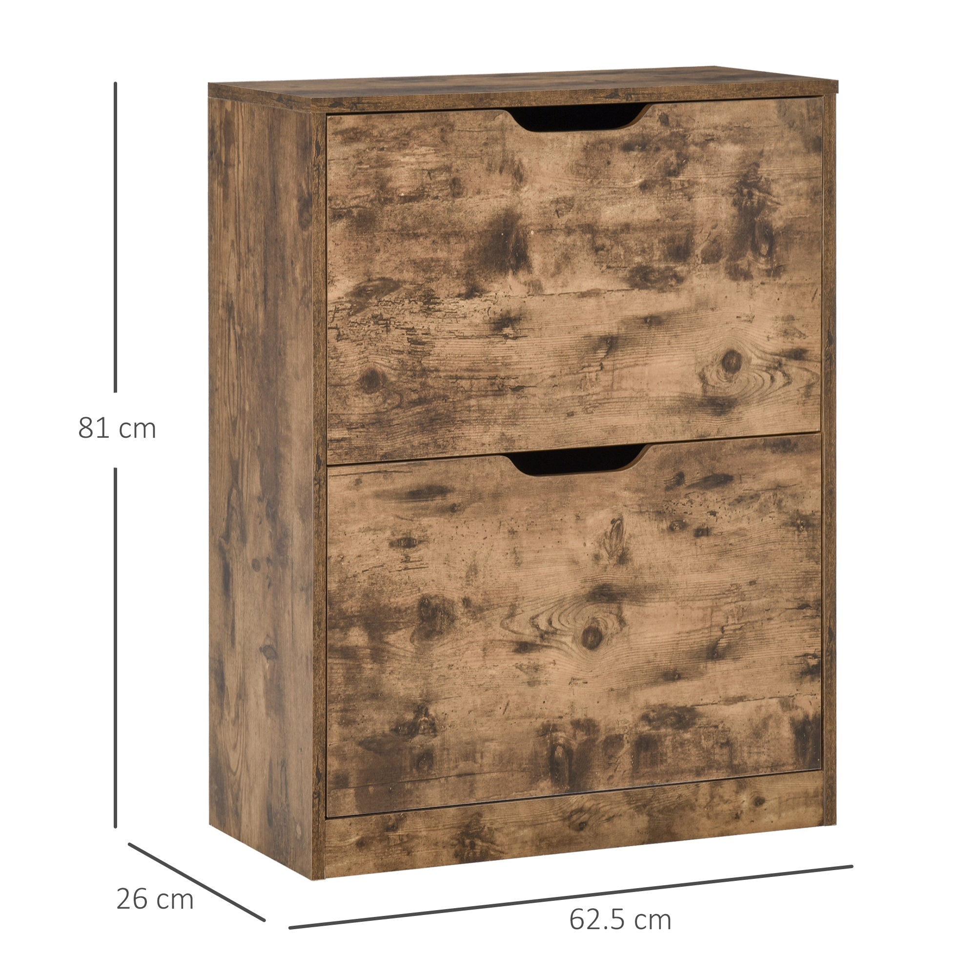 Rustic brown industrial shoe cabinet with 2 flip drawers made of particle board for narrow entryway storage