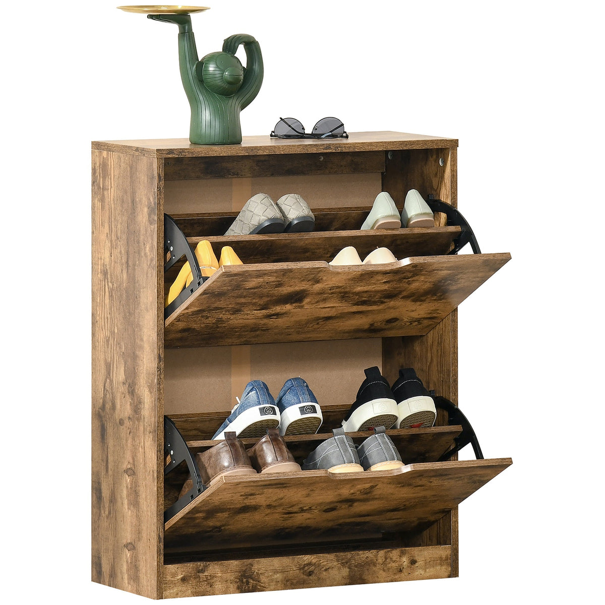 Rustic brown homcom shoe cabinet made of particle board with three pull out shelves and green watering can on top