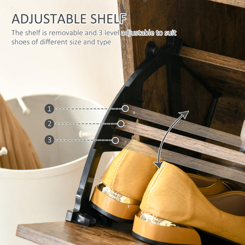Adjustable wooden shoe cabinet with black metal brackets and particle board shelves for versatile shoe storage