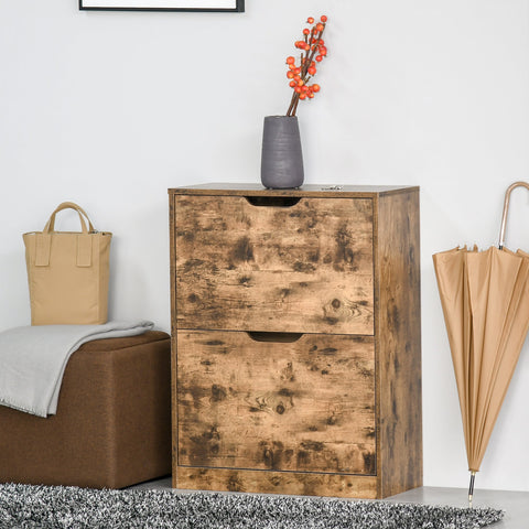 Rustic brown homcom shoe cabinet with 2 flip drawers made of particle board for slim entryway storage