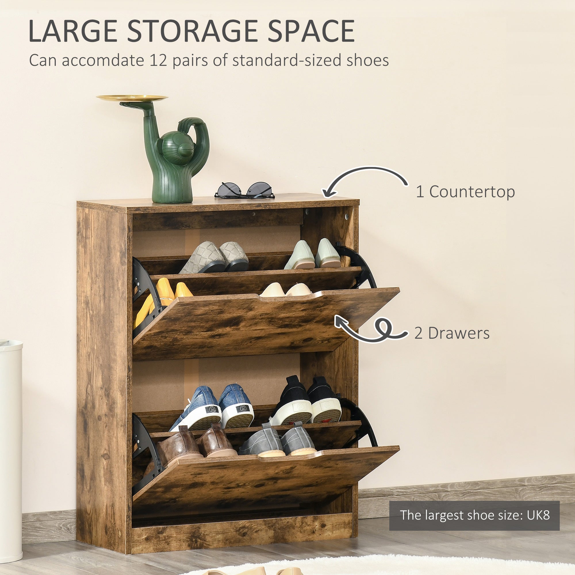 Homcom rustic brown shoe cabinet with two pull-out particle board drawers holds 12 pairs for entryway storage
