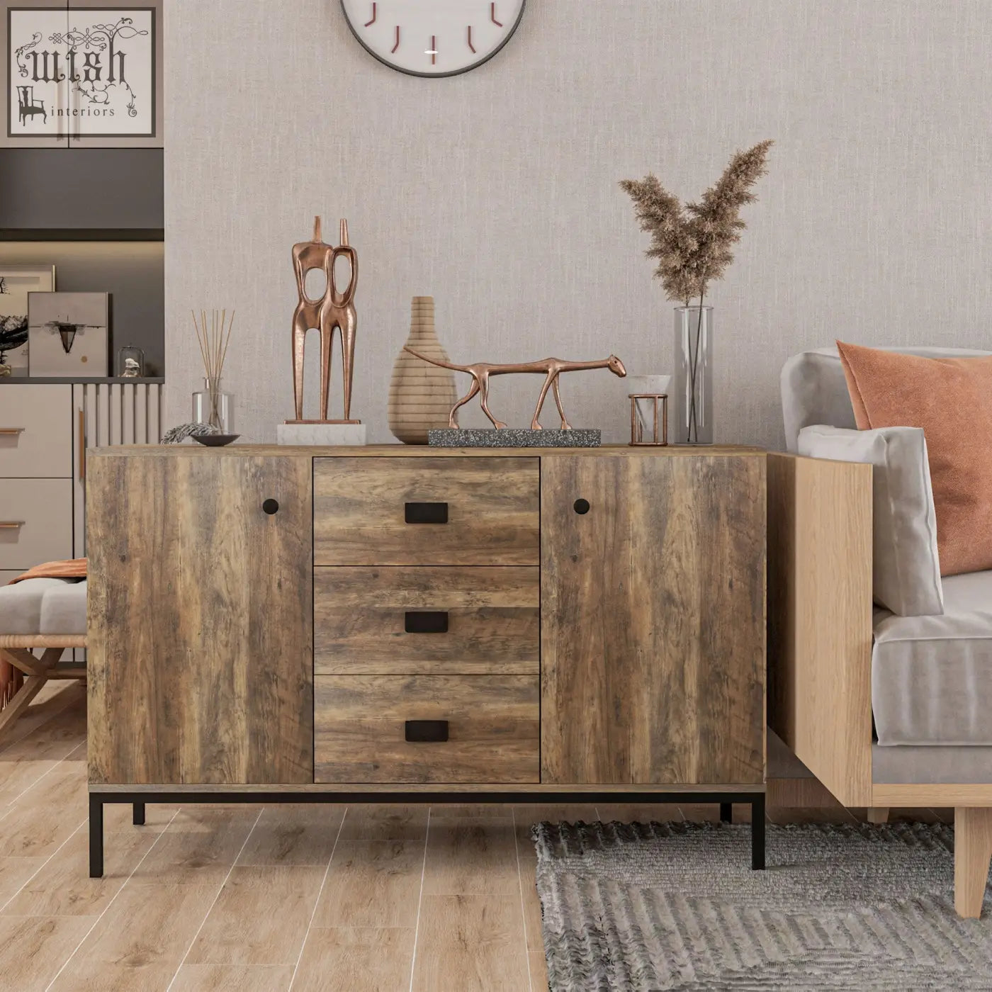 Rustic wood homcom industrial sideboard with black metal legs and adjustable shelves for dining room storage space