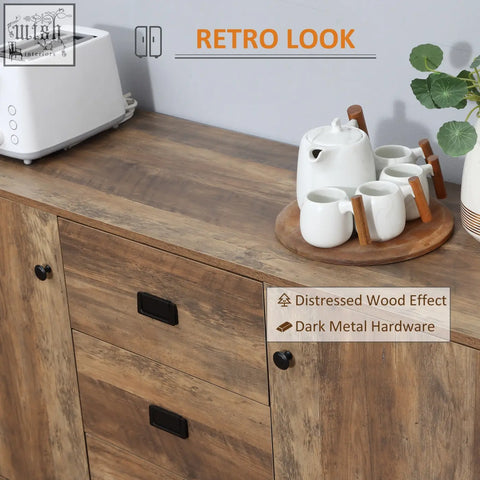 Retro-style wooden homcom sideboard with distressed brown finish, dark metal hardware, adjustable shelves, and storage space for dining room