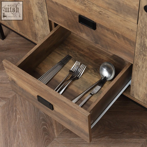 Rustic wooden drawer with black metal handles open showing silverware in homcom storage cabinet with adjustable shelves for dining room storage space