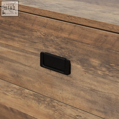 Black rectangular drawer pull on rustic wood grain surface of homcom industrial sideboard with adjustable shelves for dining room storage space