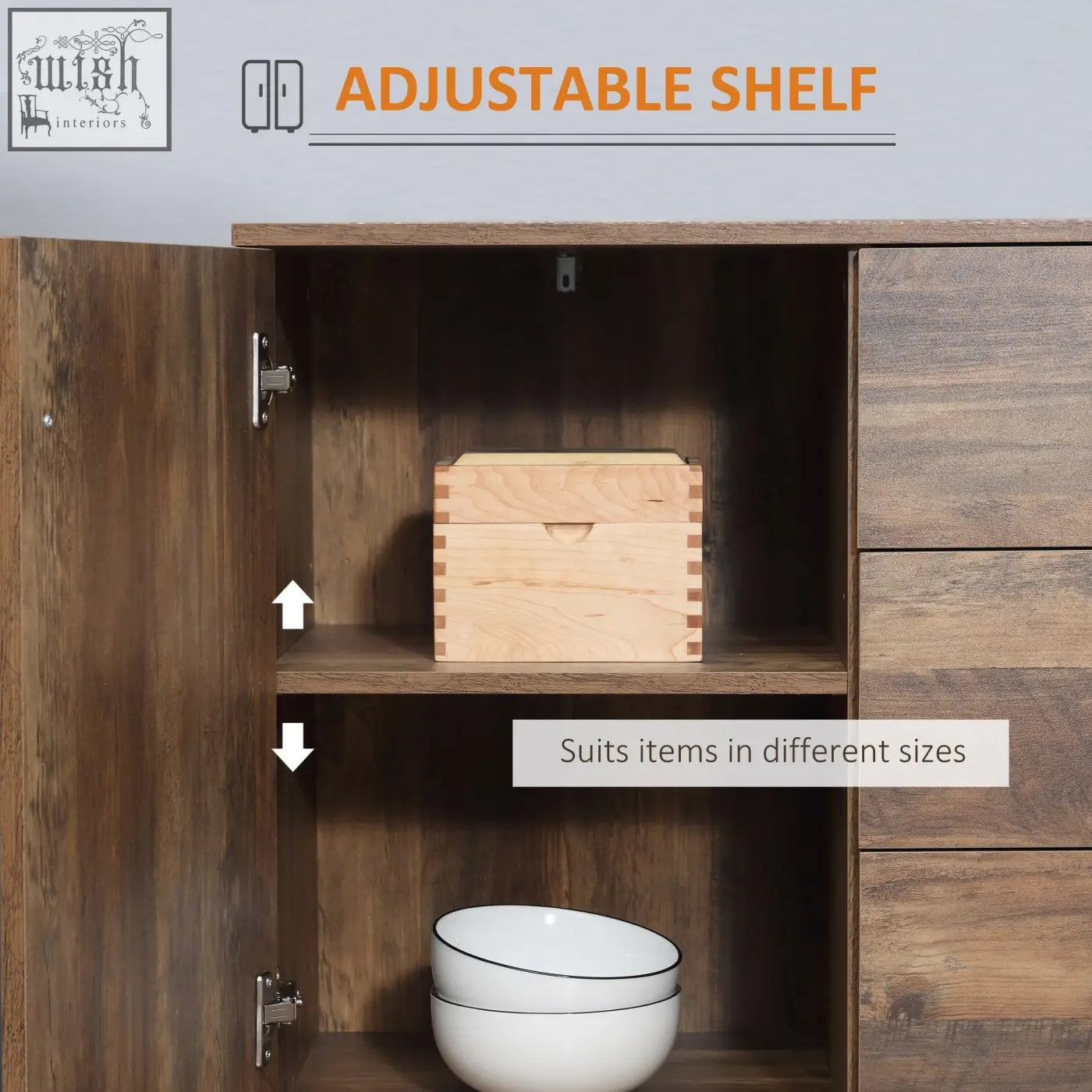 A light wooden box on adjustable shelves inside a distressed brown homcom storage cabinet for dining room storage space