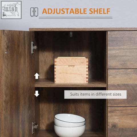 A light wooden box on adjustable shelves inside a distressed brown homcom storage cabinet for dining room storage space