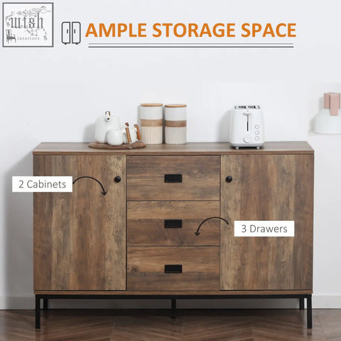 Rustic wood homcom industrial sideboard with adjustable shelves and black metal handles offers storage space for dining room