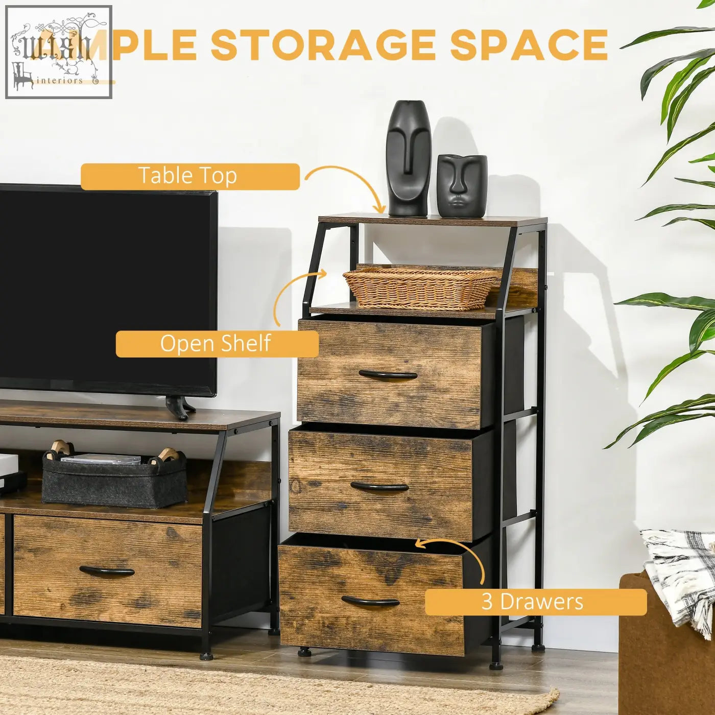 Rustic brown homcom industrial storage cabinet with steel frame fabric drawers and distressed wood for living room use