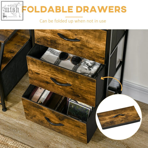 Three-tiered homcom industrial storage cabinet with fabric drawers and steel frame in rustic brown for living room use