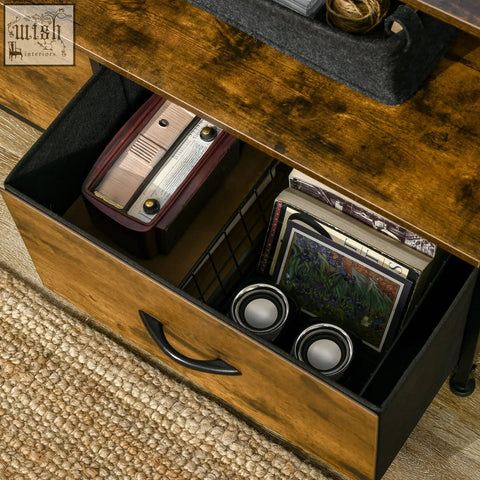 Rustic wooden drawer with black metal handle inside homcom fabric drawers storage unit with steel frame for living room