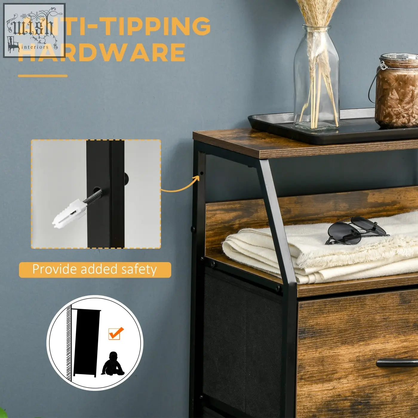 Homcom industrial storage cabinet with steel frame fabric drawers wood nightstand and anti-tipping hardware for living room