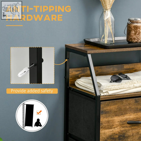 Homcom industrial storage cabinet with steel frame fabric drawers wood nightstand and anti-tipping hardware for living room
