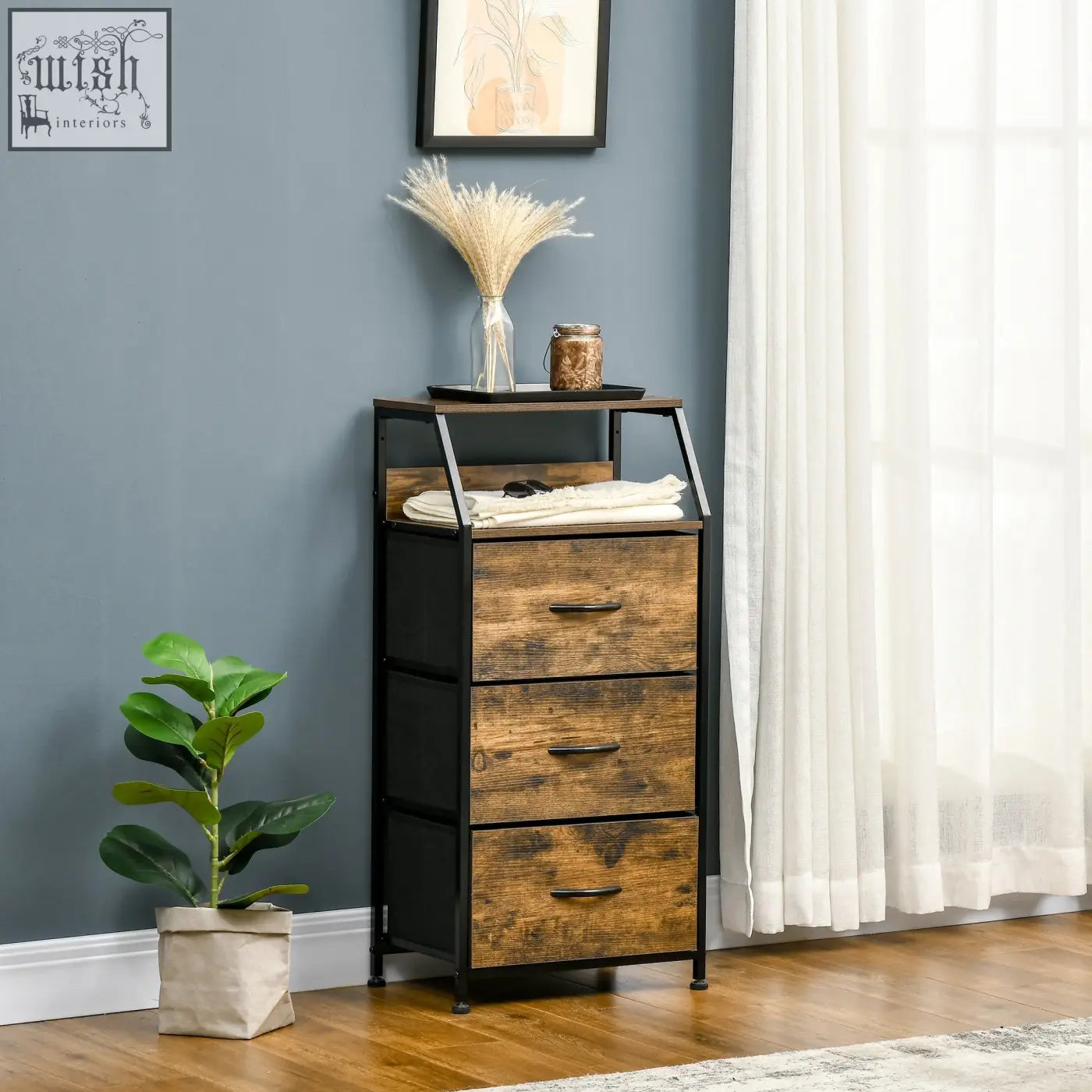 Homcom industrial storage cabinet with fabric drawers steel frame and open shelves in rustic brown for living room