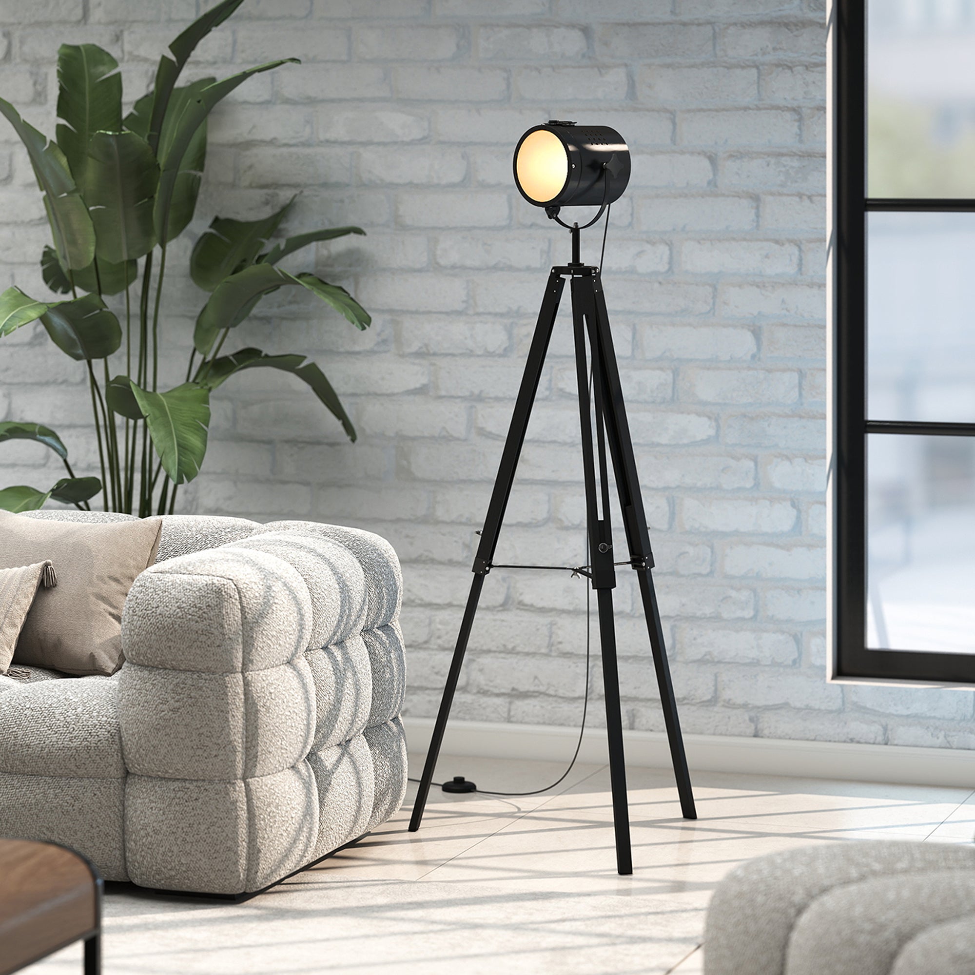 Black homcom industrial tripod floor lamp with warm light, pine wood legs, adjustable height for living room or bedroom