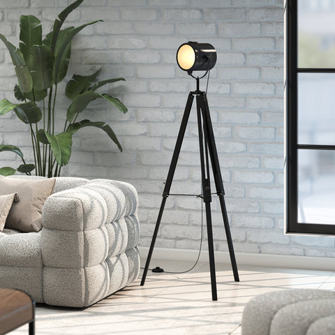 Black homcom industrial tripod floor lamp with warm light, pine wood legs, adjustable height for living room or bedroom
