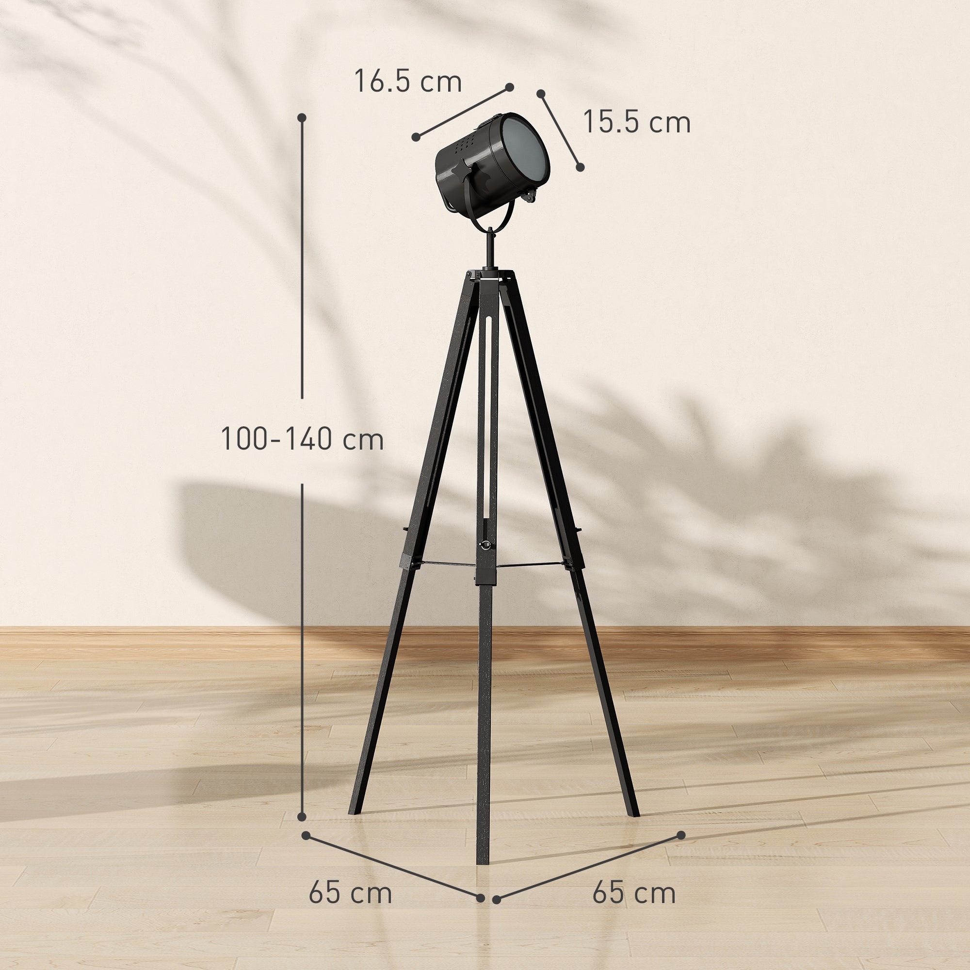 Black homcom industrial tripod floor lamp with vintage spotlight head and adjustable pine wood legs for living room