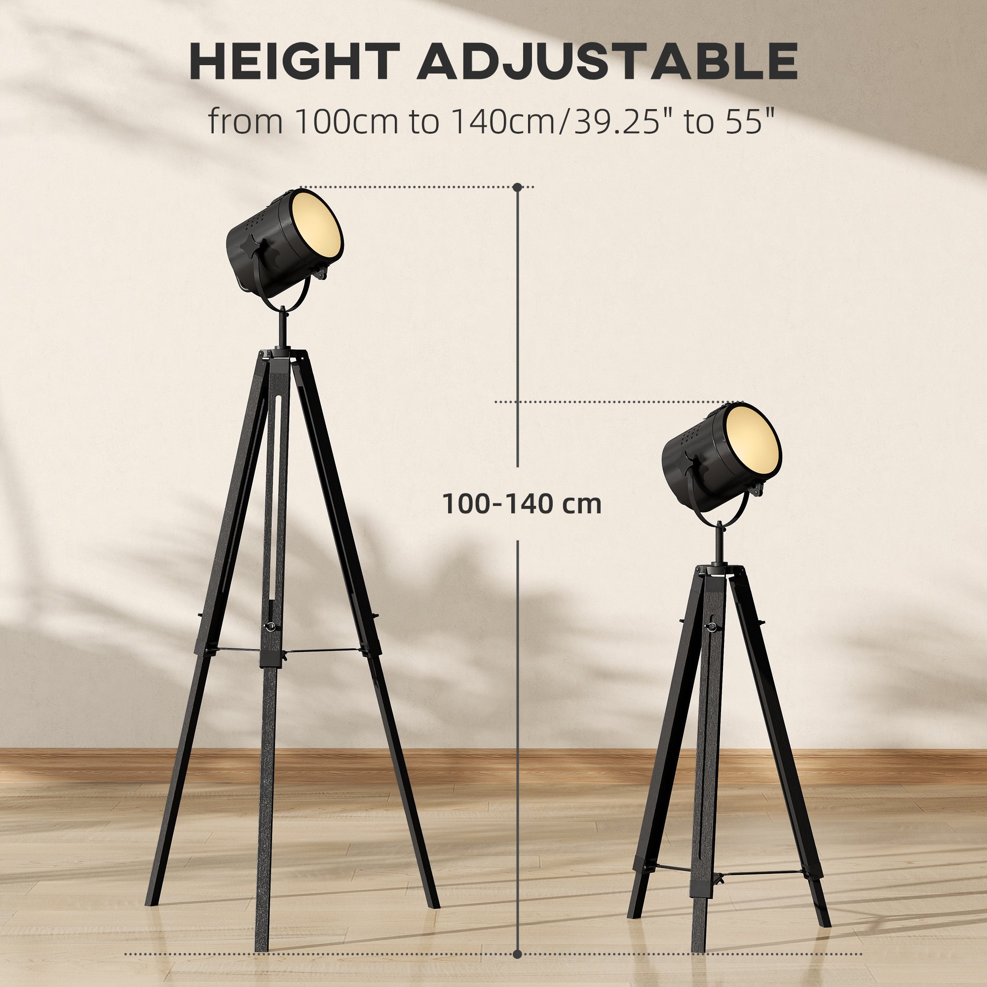 Black homcom industrial tripod floor lamp with adjustable pine wood legs and vintage spotlight head for living room