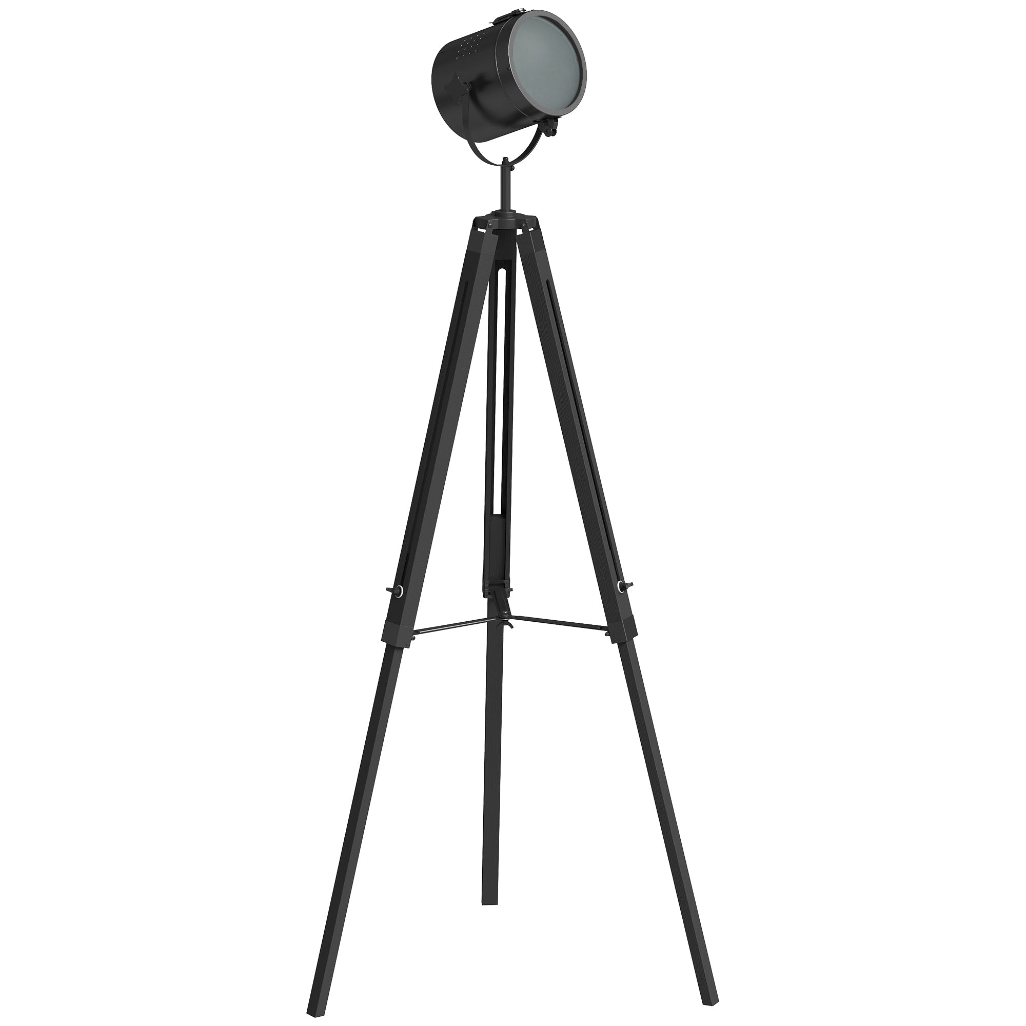 Black homcom industrial tripod floor lamp with adjustable height pine wood legs and spotlight head for living room