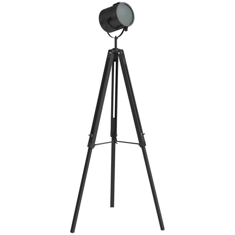 Black homcom industrial tripod floor lamp with adjustable height pine wood legs and spotlight head for living room