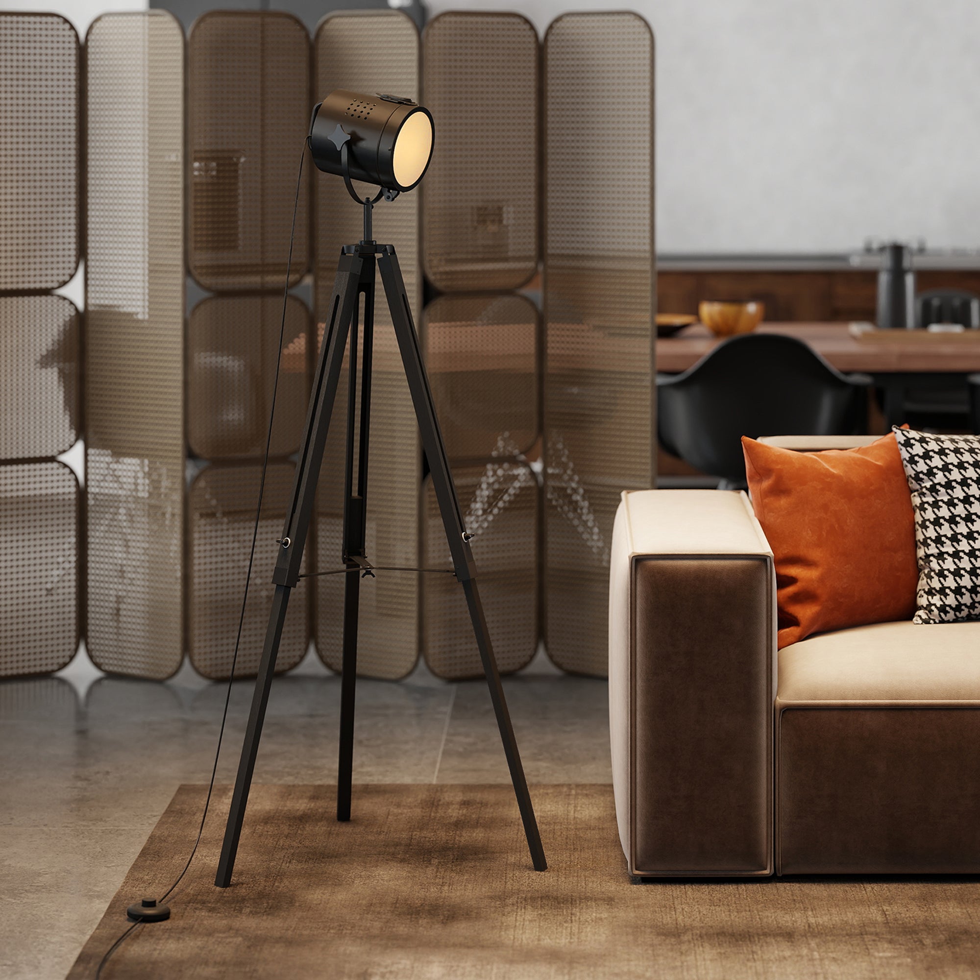 Homcom industrial tripod floor lamp with black vintage spotlight head and pine wood legs perfect for living rooms