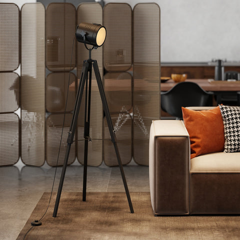 Homcom industrial tripod floor lamp with black vintage spotlight head and pine wood legs perfect for living rooms