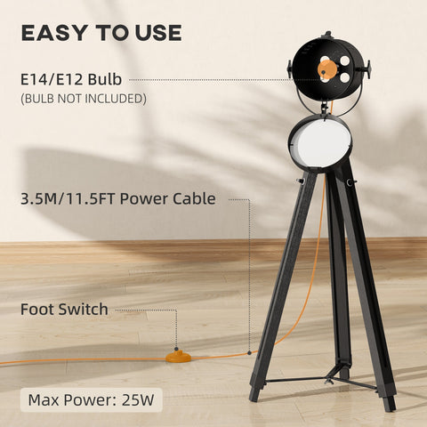 Black homcom industrial tripod floor lamp with adjustable spotlight and pine wood legs for living room or bedroom