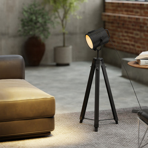 Black homcom industrial tripod floor lamp with vintage spotlight head and pine wood legs for living room or bedroom